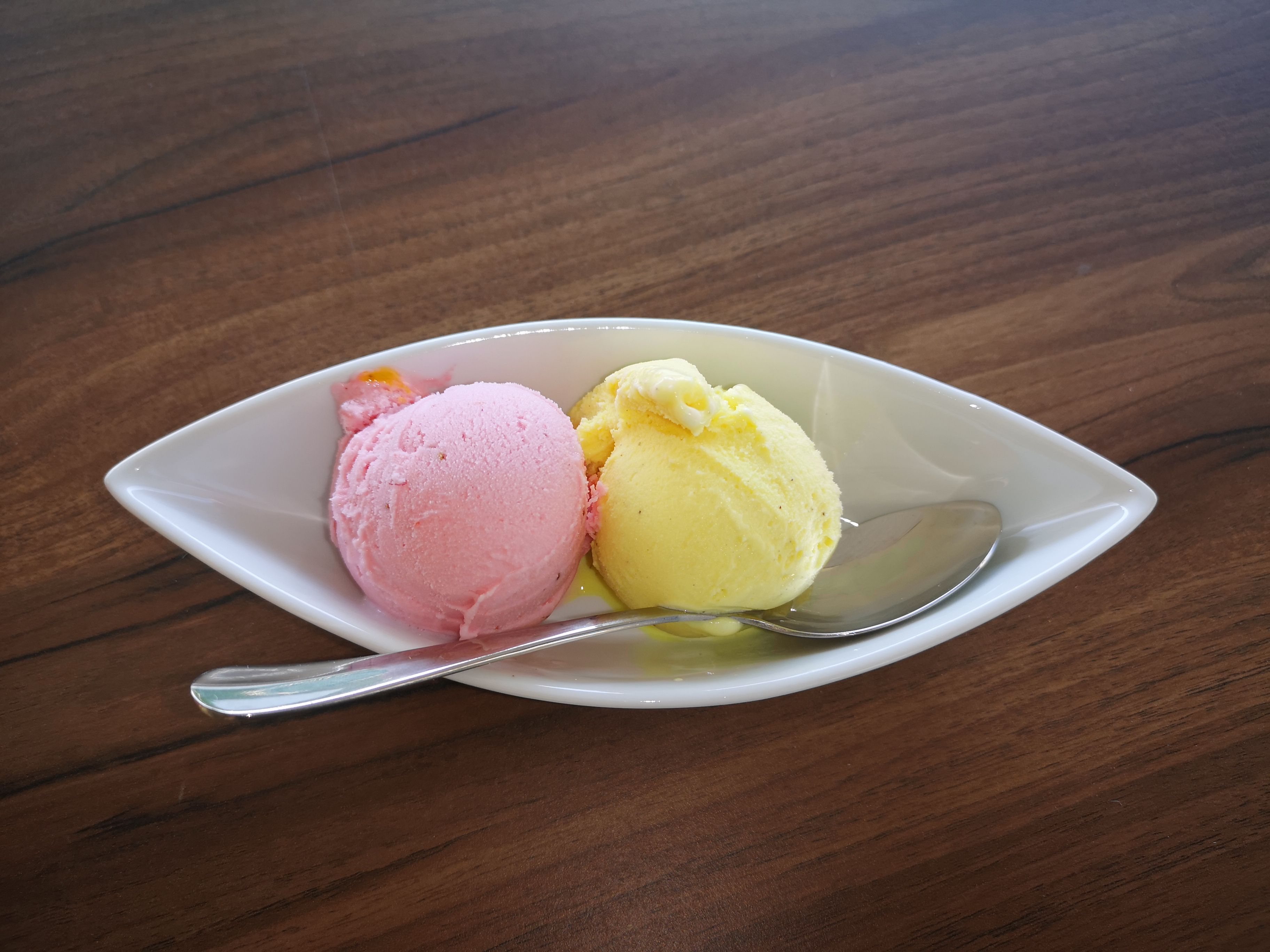Two scoops of house-made ice cream in a dish